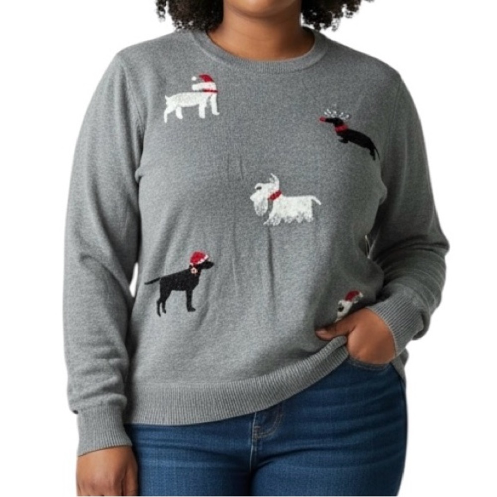 CJ Banks Festive Dog Sweater Gray Women’s Plus 1X Holiday Christmas Dog lover